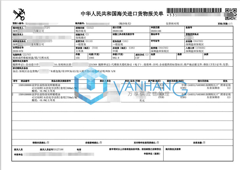 土耳其橄欖油進口清關資料 土耳其橄欖油進口清關資料